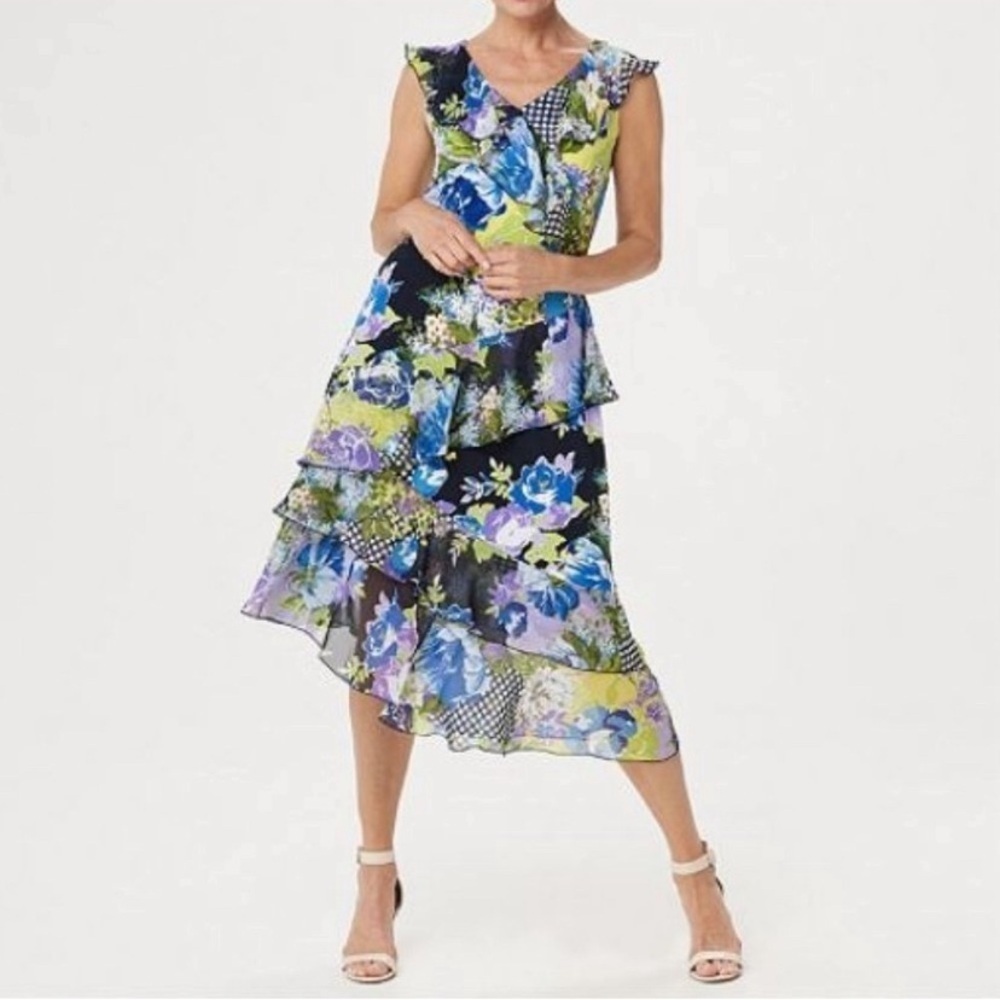 Susan Graver‎ Liquid Knit Chiffon Floral Midi Dress Size 2X Layered Asymmetrical